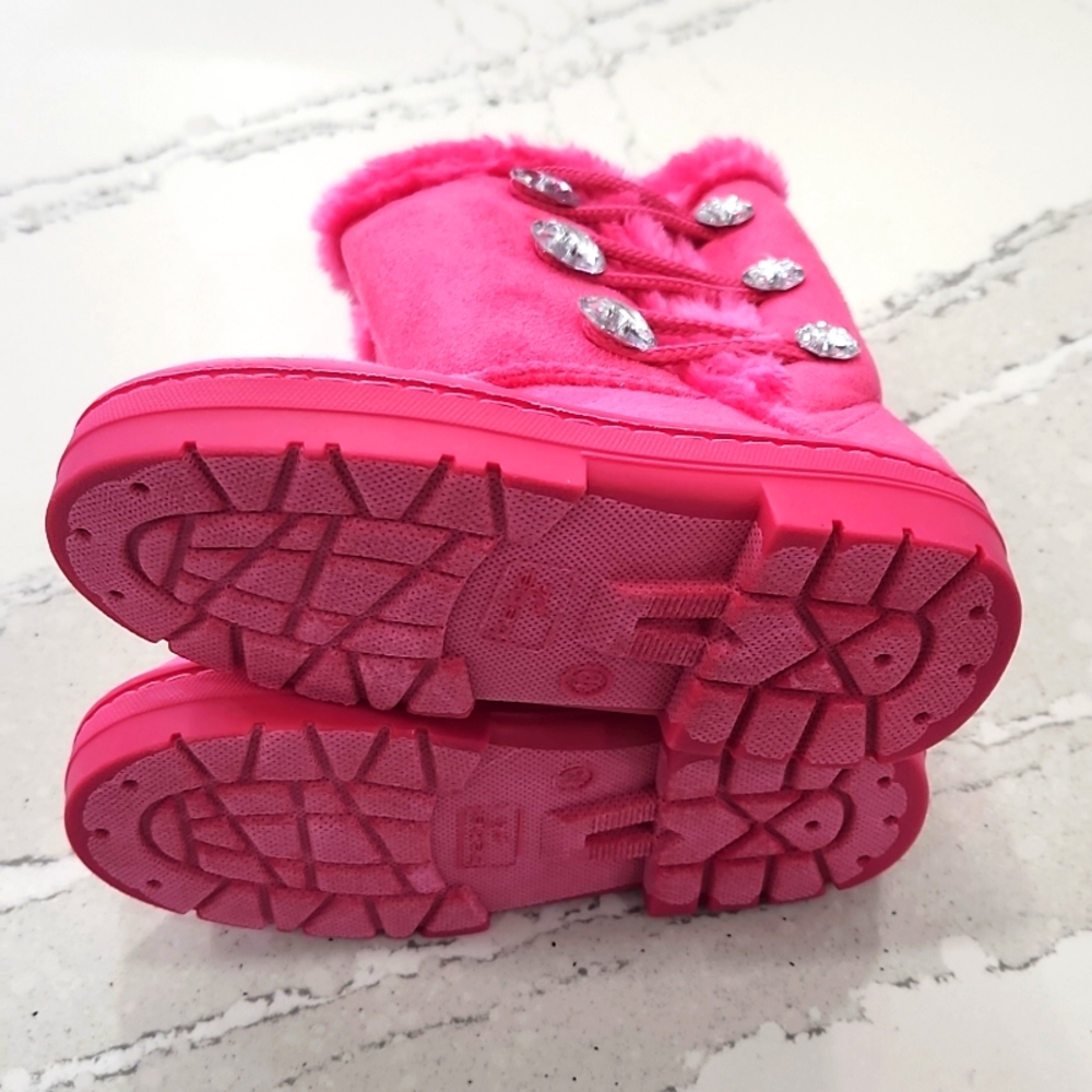 โจ BEBE Sparkle Queen Toddler Boots | Hot Pink Faux Fur & Rhinestone Glam โจ - Picture 4 of 6